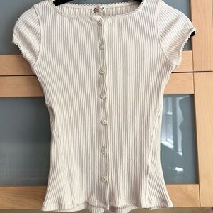 Women's Cream Button-Up Ribbed Top